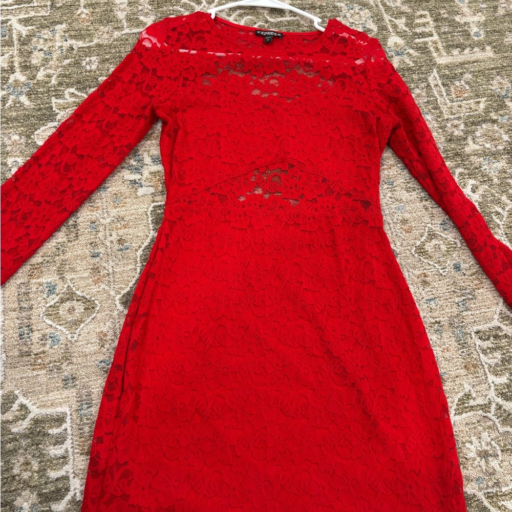 Express Vibrant Red Lace Long Sleeve Dress